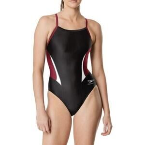 NWT Speedo Women S Edge Splice One-Piece Swimsuit (Black/Maroon 30)